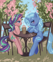 Size: 2900x3400 | Tagged: safe, artist:xjenn9, starlight glimmer, trixie, pony, unicorn, g4, blushing, chair, cottagecore, cute, dappled sunlight, duo, duo female, featured image, female, food, frappuccino, high res, lesbian, lidded eyes, looking away, looking down, mare, ship:startrix, shipping, sitting, smiling, straw, sweet dreams fuel, table, tree, weapons-grade cute, whipped cream
