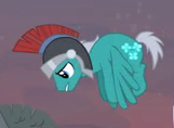 Size: 161x118 | Tagged: safe, screencap, buddy, pegasus, pony, g4, hearth's warming eve (episode), background pony, cropped, flying, helmet, male, pegasus tribe, solo, stallion