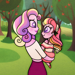 Size: 900x900 | Tagged: safe, artist:carouselunique, dean cadance, princess cadance, oc, oc:honeycrisp blossom, honeycrisp tales, equestria girls, g4, apple tree, female, mother and daughter, offspring, parent:big macintosh, parent:dean cadance, parent:princess cadance, parents:cadmac, sweet apple acres, tree