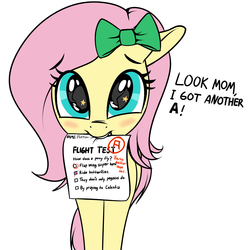 Size: 1453x1453 | Tagged: safe, artist:coinpo, fluttershy, pony, g4, altered grade, bad grade, blatant lies, blushing, bow, cute, daaaaaaaaaaaw, debate in the comments, dialogue, f, female, filly, filly fluttershy, floppy ears, hair bow, hnnng, implied posey shy, implied princess celestia, mouth hold, paper, puppy dog eyes, shyabetes, simple background, solo, starry eyes, this will end in tears, weapons-grade cute, white background, wingding eyes, you tried, younger
