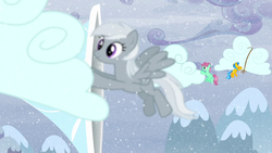 Size: 1280x720 | Tagged: safe, screencap, silverspeed, sky sweeper, wintermint, pegasus, pony, g4, tanks for the memories, background pony, cloud, cloud moving, female, flying, mare, overcast, snow, solo focus