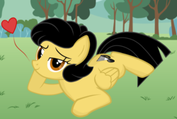 Size: 1024x690 | Tagged: safe, artist:danielitamlp, oc, oc only, oc:dany melody, pegasus, pony, bedroom eyes, female, heart, lying down, mare