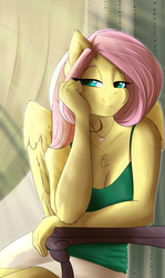 Size: 4000x6700 | Tagged: safe, artist:huckser, fluttershy, pegasus, anthro, g4, breasts, cleavage, clothes, female, jewelry, lidded eyes, mare, necklace, sitting, smiling, solo