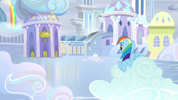 Size: 1280x720 | Tagged: safe, screencap, rainbow dash, pegasus, pony, g4, tanks for the memories, building, cloud, cloudsdale, female, mare, rainbow waterfall, solo, weather factory