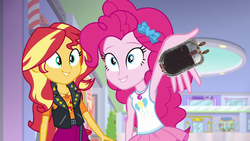 Size: 1280x720 | Tagged: safe, edit, edited screencap, screencap, pinkie pie, sunset shimmer, a fine line, equestria girls, equestria girls series, g4, balloon, beetle bonder, beetleborgs, big bad beetleborgs, bow, canterlot mall, clothes, female, geode of empathy, geode of sugar bombs, hair bow, jacket, leather jacket, looking at you, magical geodes, pinkie pie holding things, red striker borg, smiling