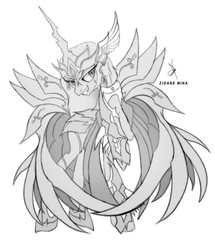 Size: 930x1080 | Tagged: safe, artist:zidanemina, queen chrysalis, changeling, changeling queen, g4, anime, armor, crossover, digital art, female, grayscale, grin, mare, monochrome, raised hoof, saint seiya, signature, simple background, slit pupils, smiling, solo, white background
