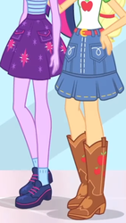 Size: 1242x2208 | Tagged: safe, screencap, applejack, sci-twi, twilight sparkle, a fine line, equestria girls, equestria girls series, g4, apple, belt, boots, clothes, cowboy boots, cropped, cutie mark on clothes, denim skirt, food, hand on hip, legs, pictures of legs, ponytail, shoes, skirt, skirt shot, socks
