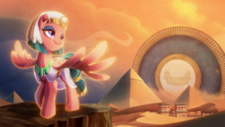 Size: 2667x1500 | Tagged: safe, artist:light262, part of a set, somnambula, pegasus, pony, art pack:heroes ep, g4, blindfold, clothes, desert, female, headdress, high res, jycrow, mare, pyramid, raised hoof, solo, spread wings, wallpaper, wings