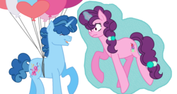Size: 1624x864 | Tagged: safe, artist:xxbrowniepawxx, party favor, sugar belle, pony, unicorn, g4, balloon, base used, digital art, female, glowing horn, horn, levitation, magic, male, mare, self-levitation, ship:partybelle, shipping, simple background, stallion, straight, telekinesis, transparent background