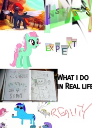 Size: 1300x1800 | Tagged: artist needed, safe, minty, pinkie pie, twilight sparkle, oc, earth pony, pegasus, pony, g4, 1000 years in photoshop, camera shot, cupcake, exploitable meme, food, meme, minecraft, misspelling, not salmon, notebook, pipe, simple background, text, wat, white background