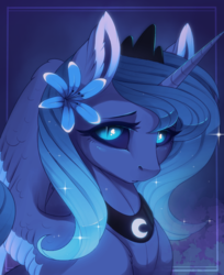 Size: 1888x2311 | Tagged: safe, artist:evehly, princess luna, alicorn, pony, g4, black sclera, cute, female, filly, flower, flower in hair, frown, looking at you, regalia, s1 luna, slit pupils, solo, younger