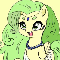 Size: 768x768 | Tagged: safe, artist:zoomiso, oc, oc only, pegasus, pony, female, jewelry, mare, necklace, simple background, smiling, solo, yellow background