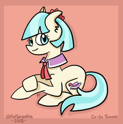 Size: 618x625 | Tagged: safe, artist:redpalette, coco pommel, earth pony, pony, g4, cocobetes, cute, digital art, female, looking at you, lying down, mare, prone, smiling