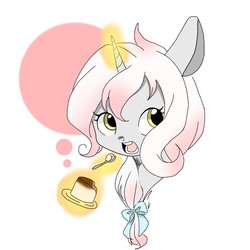 Size: 768x768 | Tagged: safe, artist:zoomiso, oc, oc only, pony, unicorn, bow, bust, cute, eating, female, flan, food, hair bow, looking away, mare, pudding, solo