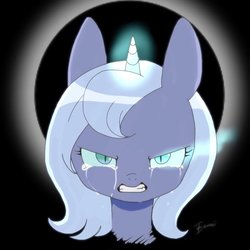 Size: 768x768 | Tagged: safe, artist:zoomiso, princess luna, alicorn, pony, g4, angry, bust, crying, eclipse, female, filly, glowing horn, gritted teeth, horn, looking at you, s1 luna, slit pupils, solo, woona, younger