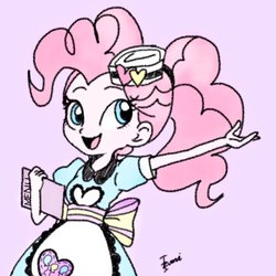 Size: 768x768 | Tagged: safe, artist:zoomiso, pinkie pie, coinky-dink world, equestria girls, equestria girls series, g4, my little pony equestria girls: summertime shorts, pinkie pie: snack psychic, cute, female, menu, outfit, ponytail, server pinkie pie, simple background, smiling, solo, waitress