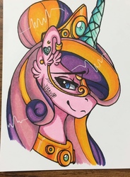 Size: 944x1280 | Tagged: safe, artist:nightmare-moons-throneroom, princess cadance, pony, g4, alternate hairstyle, bust, crystal horn, cute, cutedance, ear fluff, ear piercing, earring, female, horn, jewelry, looking at something, mask, necklace, piercing, solo, traditional art