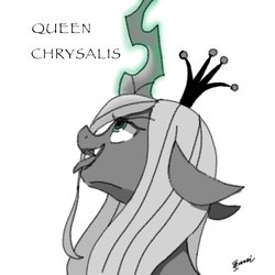 Size: 768x768 | Tagged: safe, artist:zoomiso, queen chrysalis, changeling, changeling queen, g4, bedroom eyes, crown, fangs, female, floppy ears, glowing horn, horn, jewelry, looking up, mare, monochrome, open mouth, regalia, simple background, smiling, solo, tongue out