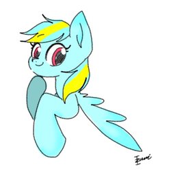 Size: 768x768 | Tagged: safe, artist:zoomiso, oc, oc only, oc:corkdash, pegasus, pony, bust, female, hoof on chin, looking at you, mare, signature, simple background, smiling, solo, spread wings, white background, wings
