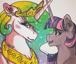 Size: 1280x1082 | Tagged: safe, artist:nightmare-moons-throneroom, princess celestia, twilight sparkle, alicorn, pony, g4, blushing, blushing profusely, color porn, crossed horns, cute, ear piercing, earring, horn, horns are touching, jewelry, looking at each other, necklace, piercing, smiling, traditional art, twilight sparkle (alicorn)