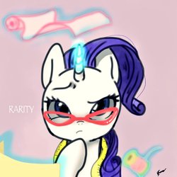 Size: 768x768 | Tagged: safe, artist:zoomiso, rarity, pony, unicorn, g4, fabric, female, glasses, glowing horn, horn, levitation, magic, mare, measuring tape, solo, telekinesis, thinking