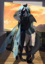 Size: 2170x3032 | Tagged: safe, artist:askbubblelee, oc, oc only, oc:imago, oc:mako, changeling, orca pony, original species, anthro, digitigrade anthro, unguligrade anthro, anthro oc, cargo shorts, caught, changeling oc, clothes, couch, cricketfish, cute, cute little fangs, cuteling, dorsal fin, ear piercing, fangs, female, fins, grey hair, high res, hooves, hug, nudity, offscreen character, pale belly, paws, piercing, scar, shadow, sleeveless, sparkles, surprised, tattoo