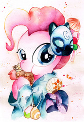 Size: 2379x3437 | Tagged: safe, artist:mashiromiku, nightmare moon, pinkie pie, pony, g4, clothes, female, high res, japanese, japanese food, kimono (clothing), solo, traditional art, watercolor painting