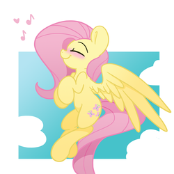 Size: 1500x1500 | Tagged: safe, artist:lou, fluttershy, pegasus, pony, g4, blushing, cloud, cute, eyes closed, female, flying, happy, mare, music notes, profile, shyabetes, singing, sky, smiling, solo, spread wings, wings