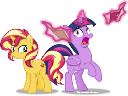 Size: 6443x4877 | Tagged: safe, artist:vector-brony, sunset shimmer, twilight sparkle, alicorn, pony, unicorn, equestria girls, equestria girls specials, g4, my little pony equestria girls: better together, my little pony equestria girls: forgotten friendship, absurd resolution, book, cute, female, freakout, levitation, magic, mare, open mouth, rearing, screaming, shimmerbetes, simple background, smiling, telekinesis, that pony sure does love books, tongue out, transparent background, twilight sparkle (alicorn)