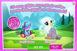 Size: 1967x1302 | Tagged: safe, gameloft, graff, griffon, g4, advertisement, chickub, costs real money, game, game screencap, introduction card, li'l griffon, party vacuum cleaner, vacuum cleaner