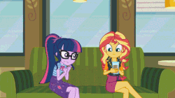 Size: 937x525 | Tagged: safe, edit, edited screencap, screencap, sci-twi, sunset shimmer, twilight sparkle, equestria girls, g4, my little pony equestria girls: better together, text support, text support: sunset shimmer, amused, animated, chocolate, chocolate milk, comic sans, couch, evil, female, flailing, geode of empathy, geode of telekinesis, legs, magical geodes, milk, panic, pure unfiltered evil, sci-twi's nightmare, sitting, smug, texting, unamused