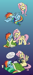 Size: 778x1775 | Tagged: safe, artist:sorcerushorserus, color edit, colorist:ironhades, edit, angel bunny, daring do, fluttershy, rainbow dash, pegasus, pony, rabbit, g4, angelbetes, blanket, book, caring for the sick, colored, comfy, cute, daring do and the griffon's goblet, daring dorable, dashabetes, dialogue, female, flutternurse, folded wings, gradient background, hat, hoof hold, lidded eyes, lying down, mare, nurse, nurse hat, pillow, prone, quilt, reading, shyabetes, sick, signature, sitting, sleeping, smiling, speech bubble, spread wings, talking, wholesome, wings, zzz