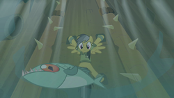 Size: 1280x720 | Tagged: safe, screencap, daring do, fish, pegasus, piranha, pony, daring don't, g4, bound, death trap, female, low angle, mare, spikes, underwater