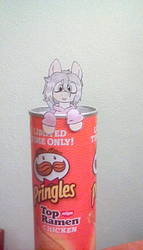 Size: 912x1600 | Tagged: safe, artist:scraggleman, oc, oc only, oc:floor bored, earth pony, pony, chips, clothes, food, hoodie, irl, messy mane, paper child, photo, ponies in real life, potato chips, pringles, solo, tiny ponies, traditional art