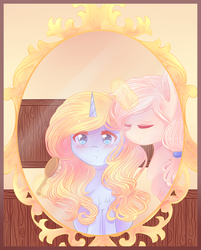 Size: 2076x2576 | Tagged: safe, artist:shimayaeiko, oc, oc only, pony, unicorn, brushie, brushing, duo, female, glowing horn, hairbrush, high res, horn, mare, mirror