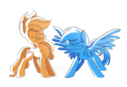 Size: 2235x1527 | Tagged: safe, artist:drawbauchery, applejack, rainbow dash, earth pony, pegasus, pony, g4, non-compete clause, chest fluff, colored sketch, cowboy hat, duo, female, hat, limited palette, mare, simple background, white background