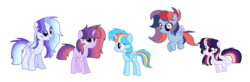 Size: 3560x1168 | Tagged: dead source, safe, artist:rainbows-skies, oc, oc only, oc:celestial moon, oc:colour sparkling, oc:magic flight, oc:moon magic, oc:smooth blue, alicorn, pegasus, pony, unicorn, base used, female, magical lesbian spawn, mare, offspring, parent:rainbow dash, parent:twilight sparkle, parents:twidash, siblings, simple background, transparent background