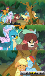 Size: 638x1074 | Tagged: safe, edit, edited screencap, screencap, applejack, gallus, ocellus, rainbow dash, sandbar, silverstream, smolder, yona, classical hippogriff, griffon, hippogriff, pony, yak, g4, non-compete clause, brazzers, comic, female, mare, screencap comic, stuck, student six