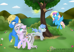 Size: 8785x6177 | Tagged: safe, artist:raspberrystudios, oc, oc only, earth pony, pegasus, pony, squirrel, unicorn, absurd resolution, commission, female, foal, male, mother and father, park, tree, walking