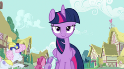 Size: 1280x720 | Tagged: safe, screencap, liza doolots, pearly stitch, petunia, ruby pinch, tootsie flute, twilight sparkle, alicorn, pony, fame and misfortune, g4, bedroom eyes, looking at you, ponyville, twilight sparkle (alicorn)