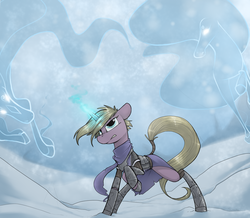 Size: 1953x1700 | Tagged: safe, artist:sinrar, oc, pony, unicorn, windigo, armor, blizzard, clothes, female, magic, scarf, snow, snowfall