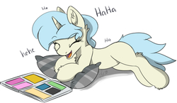 Size: 601x348 | Tagged: safe, artist:aurorafang, oc, oc only, oc:aurorascript, pony, unicorn, comic, comic book, daughter, female, filly, laughing, lying down, pillow, reading, solo