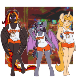 Size: 4000x4000 | Tagged: safe, artist:annakitsun3, oc, oc only, oc:ember flight, oc:fizzy pop, oc:sandra dunes, bat pony, pegasus, unicorn, anthro, unguligrade anthro, anthro oc, bat pony oc, hooters, simple background, transparent background