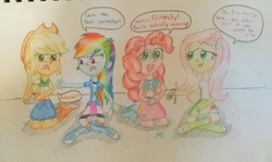 Size: 4160x2481 | Tagged: safe, artist:prinrue, applejack, fluttershy, pinkie pie, rainbow dash, equestria girls, g4, barrette, controller, dialogue, happy, smiling, traditional art