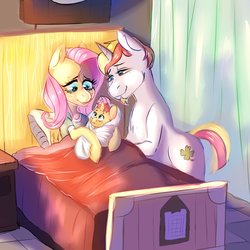 Size: 894x894 | Tagged: source needed, safe, artist:spazzyhippie, fluttershy, oc, oc:lucky charm, pegasus, pony, unicorn, g4, baby, baby pony, bed, blanket, canon x oc, colt, cute, digital art, female, flucky, foal, hospital, hospital bed, male, married couple, new parents, newborn, offspring, parent:fluttershy, parent:oc:lucky charm, parents:canon x oc, parents:flucky, shipping, straight, swaddling