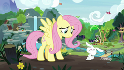 Size: 1920x1080 | Tagged: safe, screencap, angel bunny, clementine, discord, fluttershy, pegasus, pony, rabbit, g4, season 8, apple, duo focus, female, food, intro, male, mare, puffy cheeks, spread wings, wings