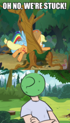 Size: 500x879 | Tagged: safe, artist:shoutingisfun, edit, edited screencap, screencap, applejack, rainbow dash, oc, oc:anon, earth pony, human, pegasus, pony, g4, non-compete clause, applebutt, butt, buttstuck, caption, cloud, female, forest, i've seen enough hentai to know where this is going, male, mountain, plot, rainbutt dash, stuck, stuck between trees, tree