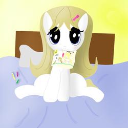 Size: 2000x2000 | Tagged: safe, artist:hamsandwich, oc, oc only, pony, bed, big eyes, blue eyes, bow, crayon, crude drawing, cute, female, filly, high res, simple background, solo, white fur, yellow background