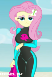 Size: 1024x1496 | Tagged: safe, artist:danielitamlp, fluttershy, butterfly, fish, equestria girls, g4, my little pony equestria girls: better together, beach, bedroom eyes, breasts, busty fluttershy, clothes, female, flippers (gear), fluttershy's wetsuit, looking at you, solo, swimsuit, wetsuit