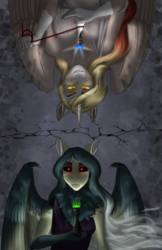 Size: 1083x1669 | Tagged: safe, artist:blackblood-queen, oc, oc only, oc:life, oc:pandie, alicorn, pegasus, anthro, alicorn oc, anthro oc, chess piece, clothes, fangs, female, glowing eyes, mare, red eyes, smiling